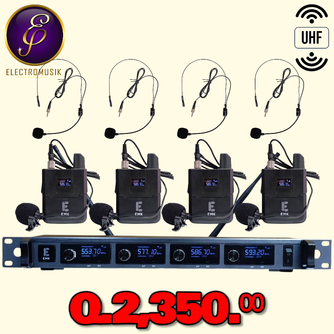 4 Micrófonos Inalámbricos de Bodypack (4 Diademas y 4 Solapa) EMK A140SD